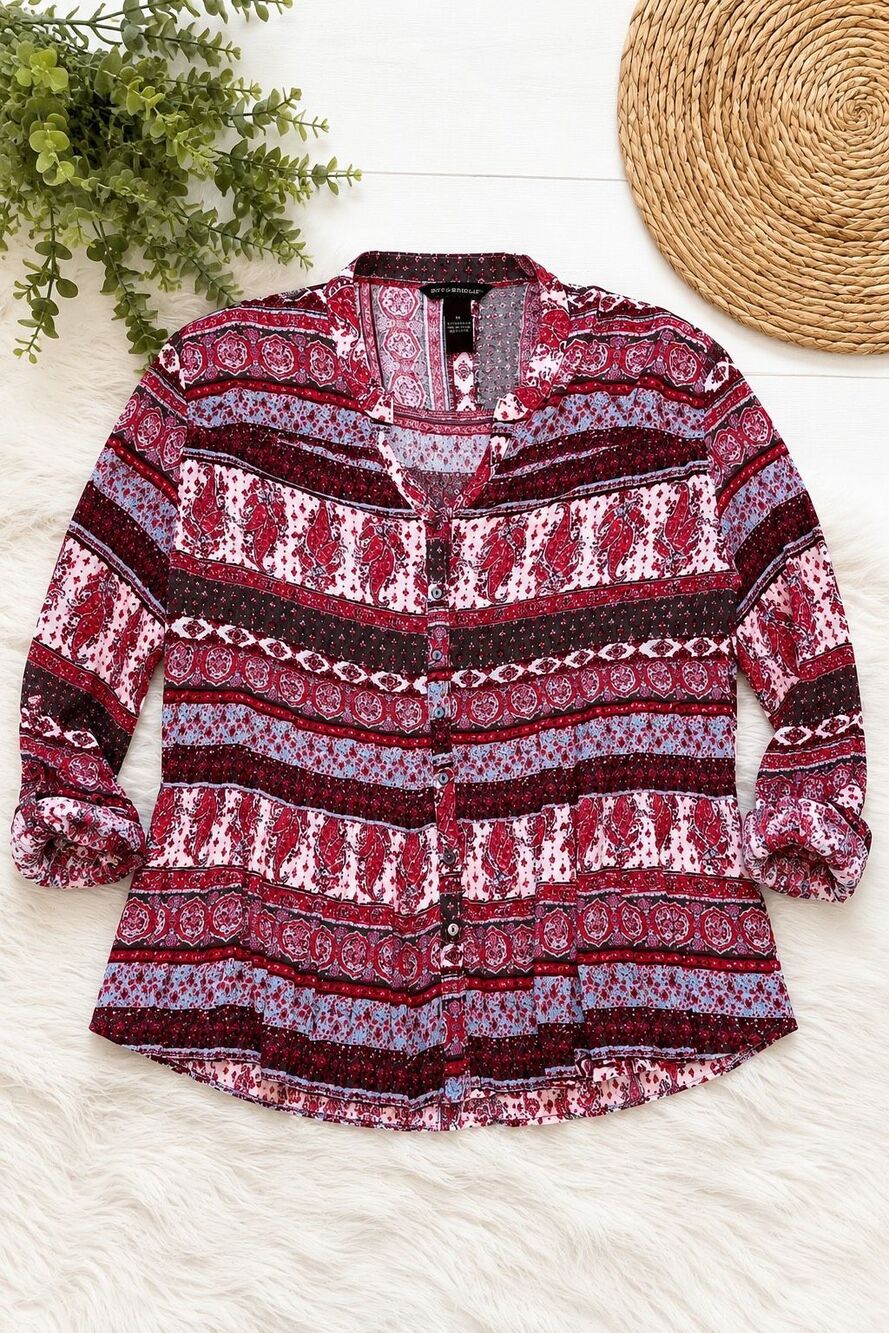 Bit & Bridle Women’s Medium Boho Paisley Button Front Blouse Rayon
